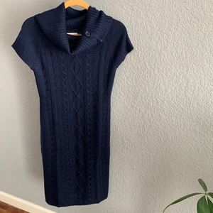 Calvin Klein Cable knit Navy Sweater Dress Short Sleeve Small S Cowl Neck Button